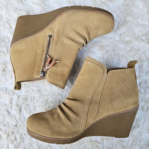 Ruched Suede Ankle Wedge Boot Sperry Harper Kara Bootie Size 8 Tan Leather Zip - Picture 13 of 13